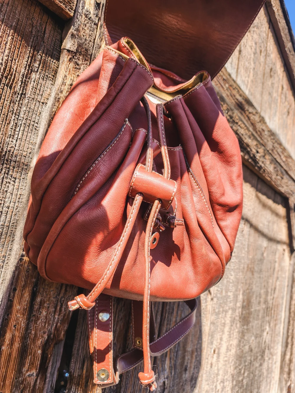 Francesco Biasia Brown Leather Backpack Made in Italy Drawstring Flap BagVintage